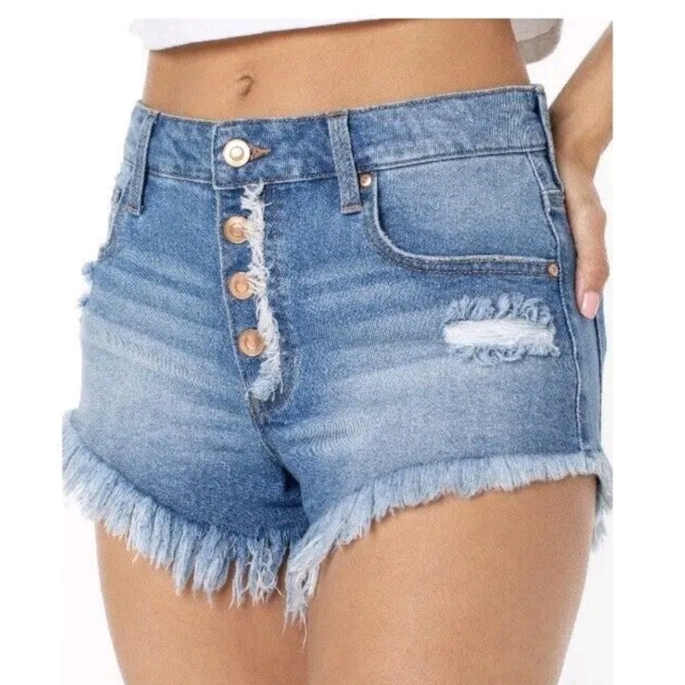 Celebrity Pink Womens Blue Denim Frayed Hem Exposed Button Mid rise Shor…
